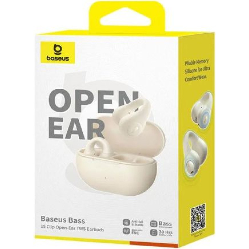 Baseus Earphone Bluetooth Bass 15 Clip Wireless Headphones, BT 5.4, White EU (A00079500223-00)