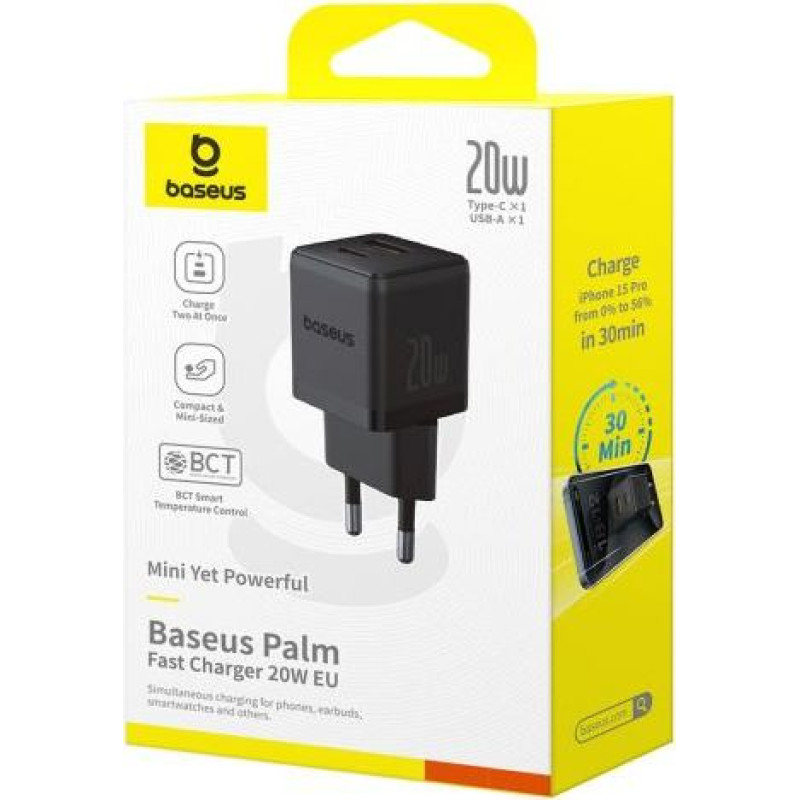 Baseus Travel Charger Palm Series, C+U, PD 3.0, QC 3.0, 20W, Black EU (P10111608113-00)