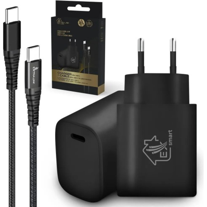 Extralink Smart Life USB Type-C to Type-C Kit, 200cm, Black + 18W PD3.0 Charger Black