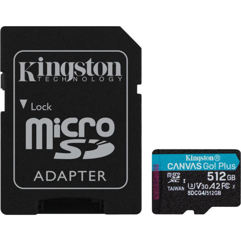 Kingston Technology 512GB microSDXC Canvas Go Plus Gen4 200MB/s A2 U3 V30 Card + Adapter