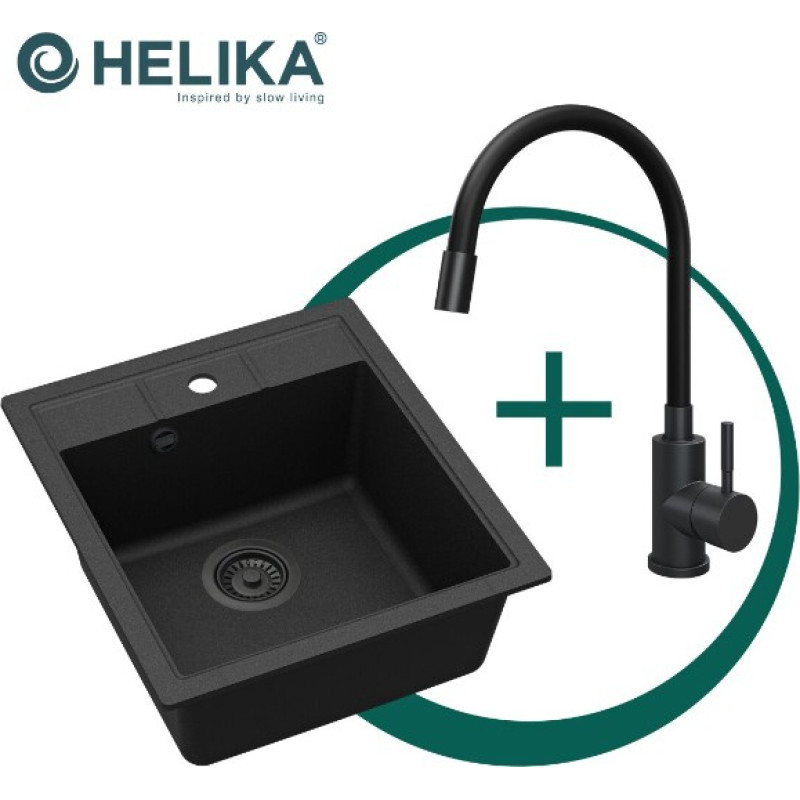 Helika Set: Kitchen sink SQN100-601AQP+5543 MB, flexible mixer tap, and black siphon.