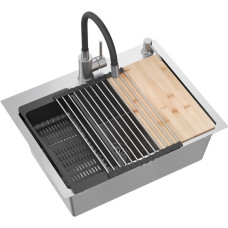 Quadron Virtuvės plautuvė su sifonu, 1 dubuo b/o + Qmat + įdėklas + dozatorius + medinė lenta + maišytuvas s