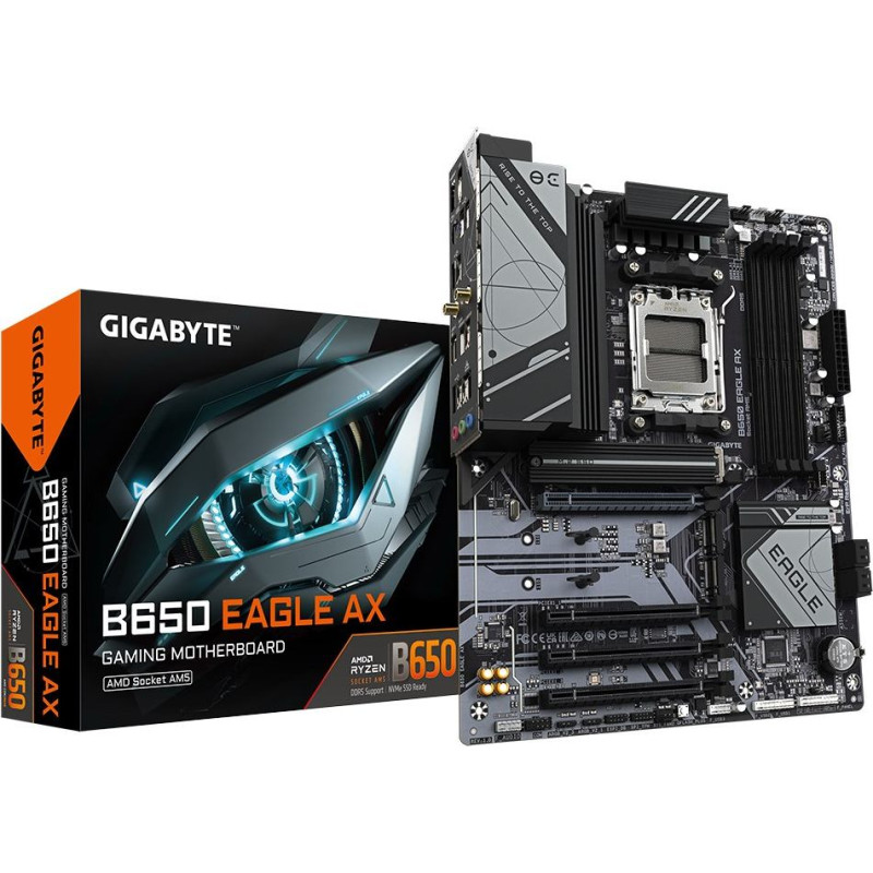 Gigabyte B650 EAGLE AX Motherboard - AMD Ryzen 9000 Series CPUs, 12+2+2 Phases VRM, up to 7600MHz DDR5 (OC), 1xPCIe 5.0 + 2xPCIe 4.0 M.2, GbE LAN, WIFI 6E, USB 3.2 Gen 2