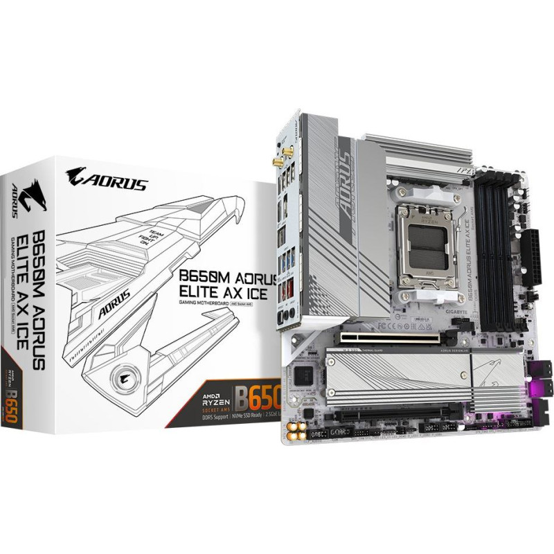 Gigabyte B650M AORUS ELITE AX ICE Motherboard - AMD Ryzen 9000 Series CPUs, 12+2+2 Phases VRM, up to 8000MHz DDR5 (OC), 1xPCIe 5.0 + 1xPCIe 4.0 M.2, 2.5GbE LAN, WIFI 6E, USB 3.2 Gen 2x2