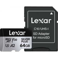 Lexar Memory card microSD 64GB C10 A2 U3 V30 205/100MB/s Silver Plus