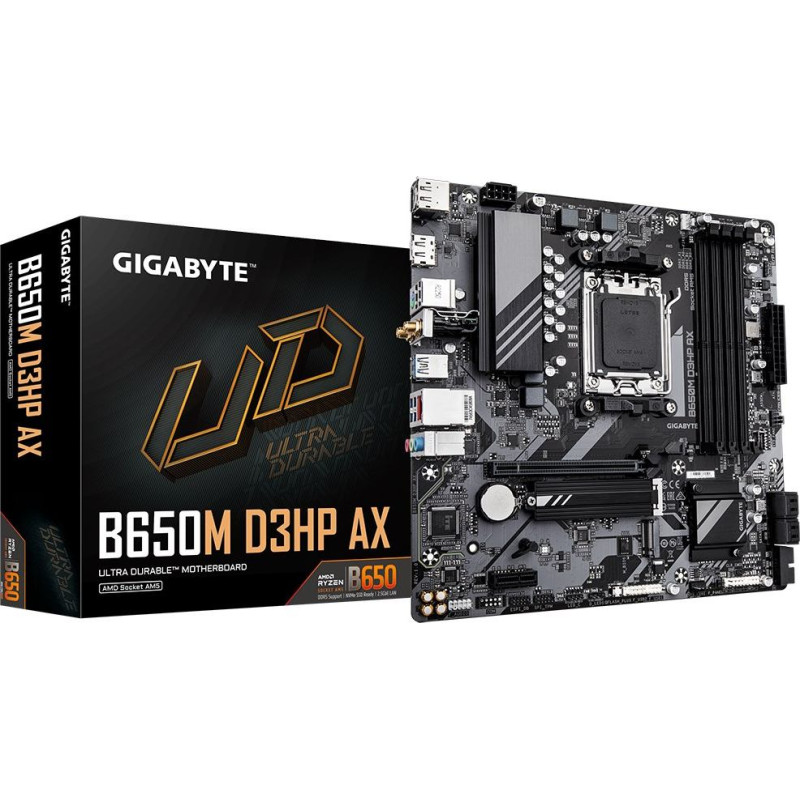 Gigabyte B650M D3HP AX Motherboard - AMD Ryzen 9000 Series CPUs, 5+2+2 Phases VRM, up to 8000MHz DDR5 (OC), 2xPCIe 4.0 M.2, WIFI 6E, 2.5GbE LAN, USB 3.2 Gen 1