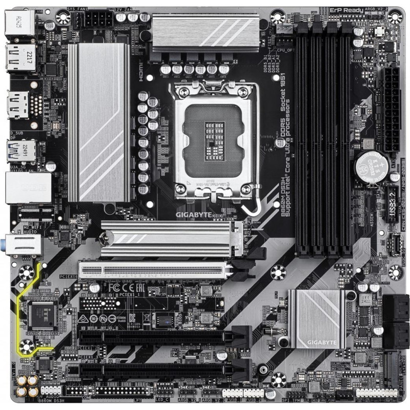 Gigabyte B860M DS3H Motherboard - Intel Core Ultra Series CPUs, 5+1+2+1 Phases VRM, up to 9066MHz DDR5, 1xPCIe 5.0 + 1xPCIe 4.0 M.2, 2.5GbE LAN, USB 3.2 Gen 2