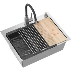 Quadron Virtuvės plautuvė su sifonu, 1 dubuo b/o + Qmat + įdėklas + dozatorius + medinė lenta + mai&scaron;ytuvas s