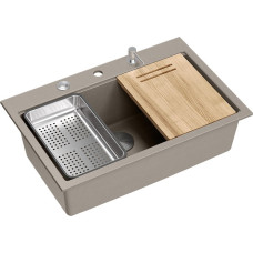 Graniteq Zlewozmywak GraniteQ MARC 110 WORKSTATION zlewozmywak 1-komorowy 760*500*235 mm soft taupe + syfon push to open + dozownik stal szcz.+ wkładka ociekowa+ Qmata +deska/ elementy stalowe