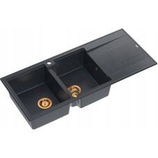 Graniteq Zlewozmywak GraniteQ EVAN 121 GraniteQ zlewozmywak z syfonem Push To Open 2-komorowy z/o (1160x500x210, kom. 420x340) black diamond / elementy miedziane