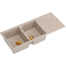 Graniteq Zlewozmywak GraniteQ EVAN 121 zlewozmywak z syfonem Push To Open 2-komorowy z/o (1160x500x210, kom. 420x340) pearl beige / elementy miedziane