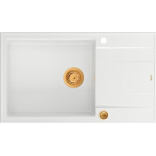 Graniteq Zlewozmywak GraniteQ EVAN 136 XL GraniteQ zlewozmywak z syfonem Push to Open 1-komorowy z/o (860x500x210, kom. 420x490) snow white / elementy miedziane
