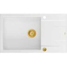 Graniteq Zlewozmywak GraniteQ EVAN 136 XL GraniteQ zlewozmywak z syfonem Push To Open 1-komorowy z/o (860x500x210, kom. 420x490) snow white / elementy złote