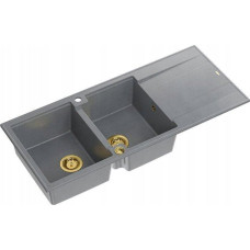 Graniteq Zlewozmywak GraniteQ EVAN 121 zlewozmywak z syfonem Push To Open 2-komorowy z/o (1160x500x210, kom. 420x340) silver stone / elementy złote