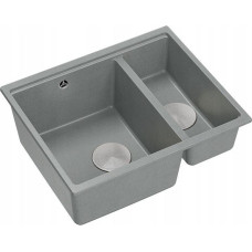 Graniteq Zlewozmywak GraniteQ QUADRON | LOGAN 150 | granitowy zlewozmywak kuchenny SZARY + STAL | wymiary: 56 x 46 x 22 cm | 1,5-komorowy wpuszczany | podbudowa szafki od: 60 cm