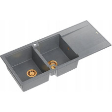 Graniteq Zlewozmywak GraniteQ EVAN 121 zlewozmywak z syfonem Push To Open 2-komorowy z/o (1160x500x210, kom. 420x340) silver stone / elementy miedziane