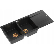Graniteq Zlewozmywak GraniteQ EVAN 121 GraniteQ zlewozmywak z syfonem Push To Open 2-komorowy z/o (1160x500x210, kom. 420x340) pure carbon / elementy miedziane
