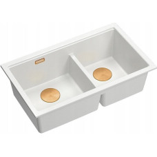 Graniteq QUADRON | LOGAN 120 | granitowy zlewozmywak kuchenny SNOW WHITE + MIEDŹ PVD | wymiar: 76 x 45 x 23,5 cm | 2-komorowy wpuszczany | podbudowa szafki od: 80 cm