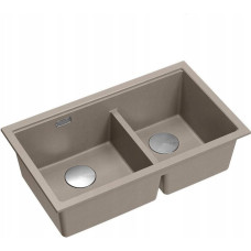 Graniteq QUADRON | LOGAN 120 | granitowy zlewozmywak kuchenny SOFT TAUPE + STAL | wymiar: 76 x 45 x 23,5 cm | 2-komorowy wpuszczany | podbudowa szafki od: 80 cm