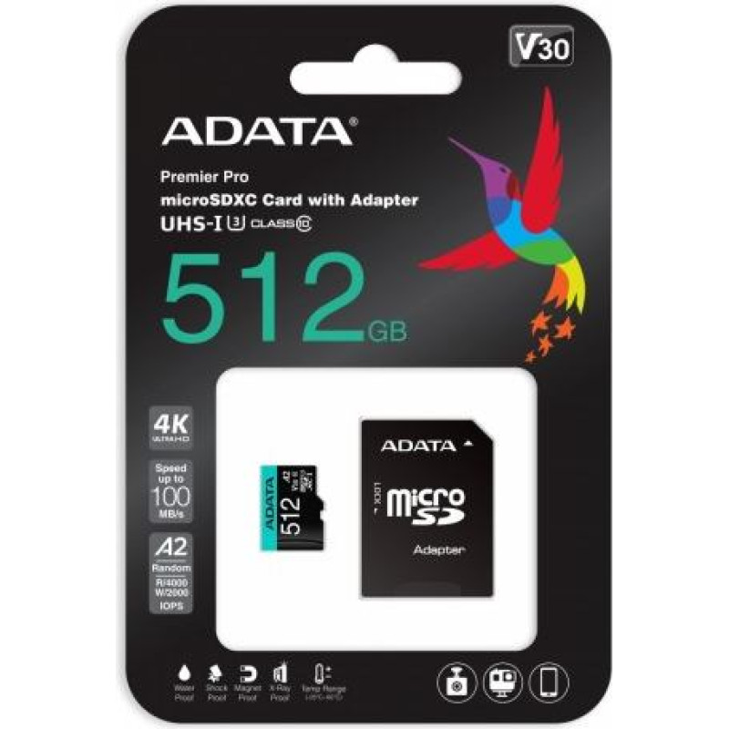 Adata Memory card microSD Premier Pro 512 GB UHS1 U3 V30 A2 + adapter