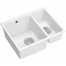 Graniteq Zlewozmywak GraniteQ QUADRON | LOGAN 150 | granitowy zlewozmywak kuchenny BIAŁY + STAL | wymiary: 56 x 46 x 22 cm | 1,5-komorowy wpuszczany | podbudowa szafki od: 60 cm