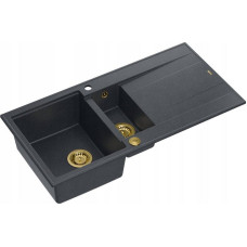 Graniteq Zlewozmywak GraniteQ EVAN 156 zlewozmywak z syfonem Push To Open 1,5-komorowy z/o (1000x500x210, kom. 420x480) black diamond / elementy złote