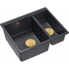 Graniteq Zlewozmywak GraniteQ QUADRON | LOGAN 150 | granitowy zlewozmywak kuchenny CZARNY + ZŁOTO PVD | wymiary: 56 x 46 x 22 cm | 1,5-komorowy podwieszany | podbudowa szafki od: 60 cm