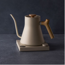 Fellow Stagg EKG PRO 900ml electric kettle in sesame beige with a wooden handle