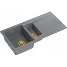 Graniteq Zlewozmywak GraniteQ EVAN 156 GraniteQ zlewozmywak z syfonem Push To Open 1,5-komorowy z/o (1000x500x210, kom. 420x480) silver stone / elementy miedziane