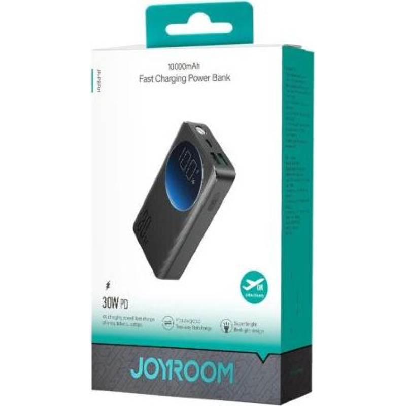 Joyroom Power Bank with Digital Display, C+U+U, PD 30W, 10000 mAh with USB-A to Typle-C cable (0.25m) and built-in Flashlight, Black (JR-PBF01)