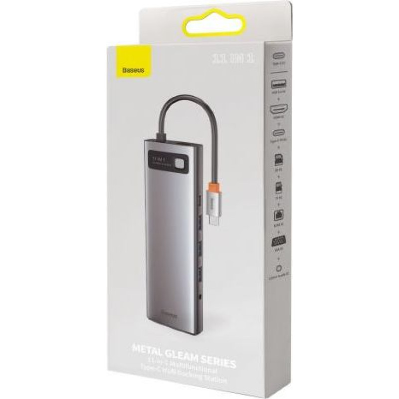Baseus HUB Metal Gleam Series 11-in-1 Multifunctional (Type-C to 3xUSB3.2/PD 100W/3,5 mm Jack/VGA Full HD 60Hz/2xHDMI 4K/TF+SD card/ RJ45) Space Gray (CAHUB-CT0G)