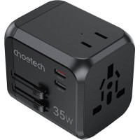 Choetech PD5008 travel charger, 3xUSB-A, 2xUSB-C, GaN, 35W, US/EU/UK/AU (black)