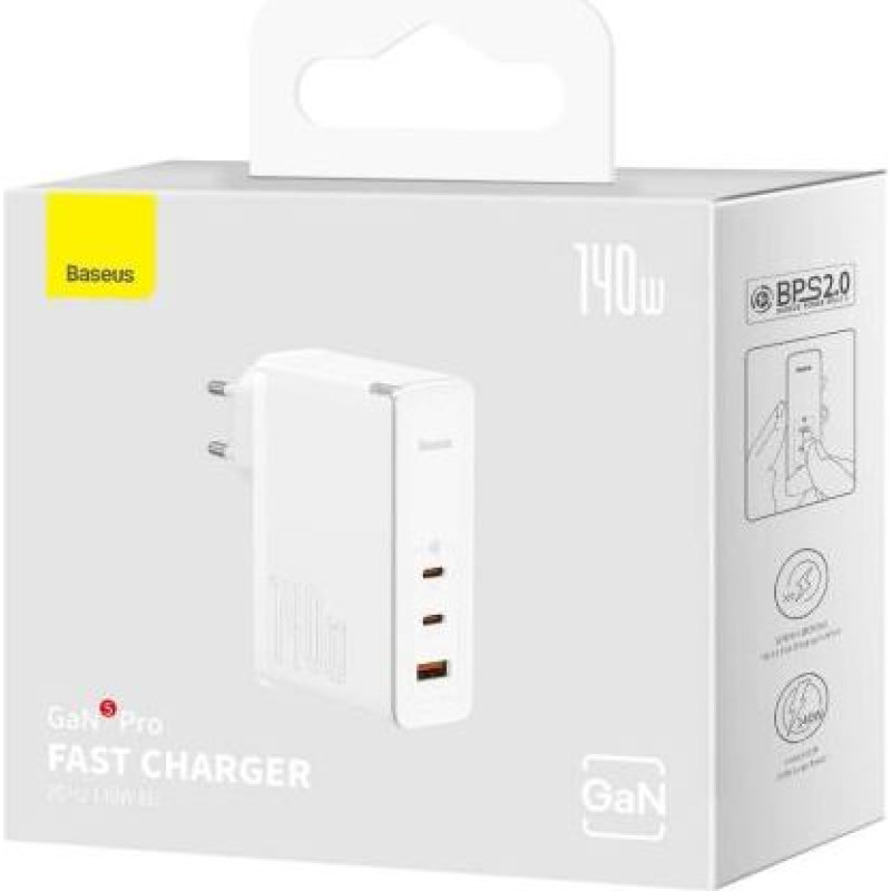 Baseus Travel Charger GaN5 Pro Fast wall charger, C+C+U, 140W White EU (CCGP100202)